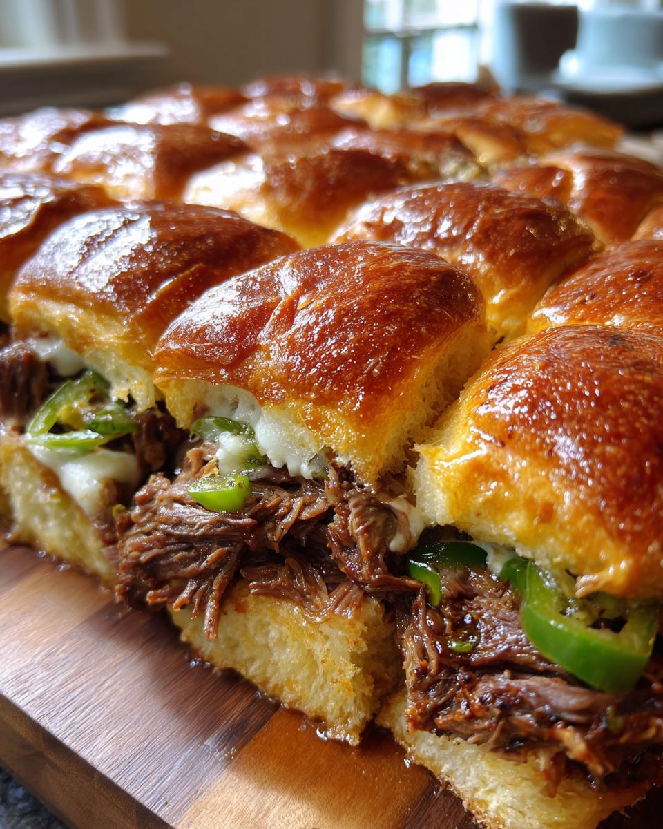 Close-up of baked Mississippi pot roast sliders filled with shredded beef, melted cheese, and green peppers on shiny rolls.