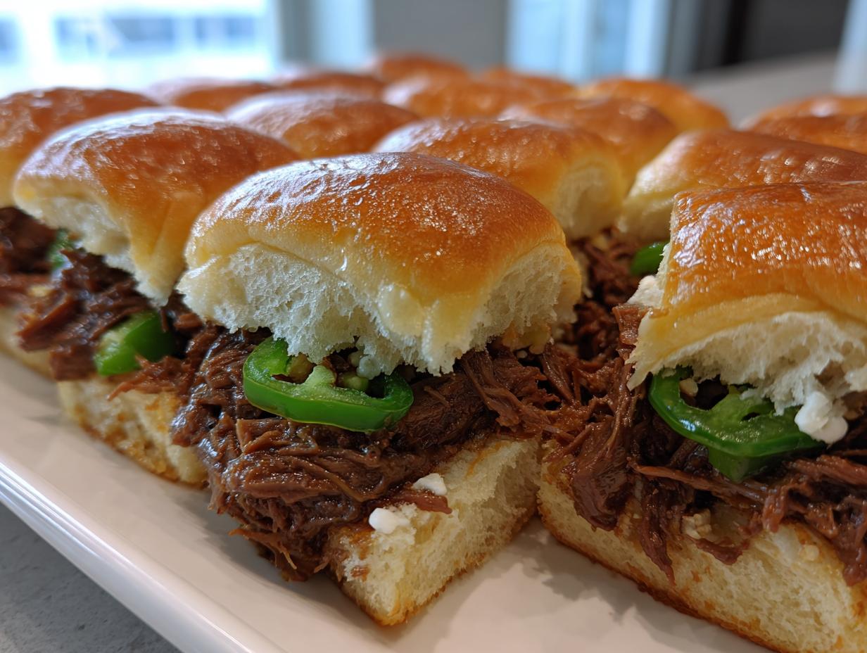 A tray of freshly baked Mississippi pot roast sliders piled high with shredded beef and topped with bright green jalapeño slices.