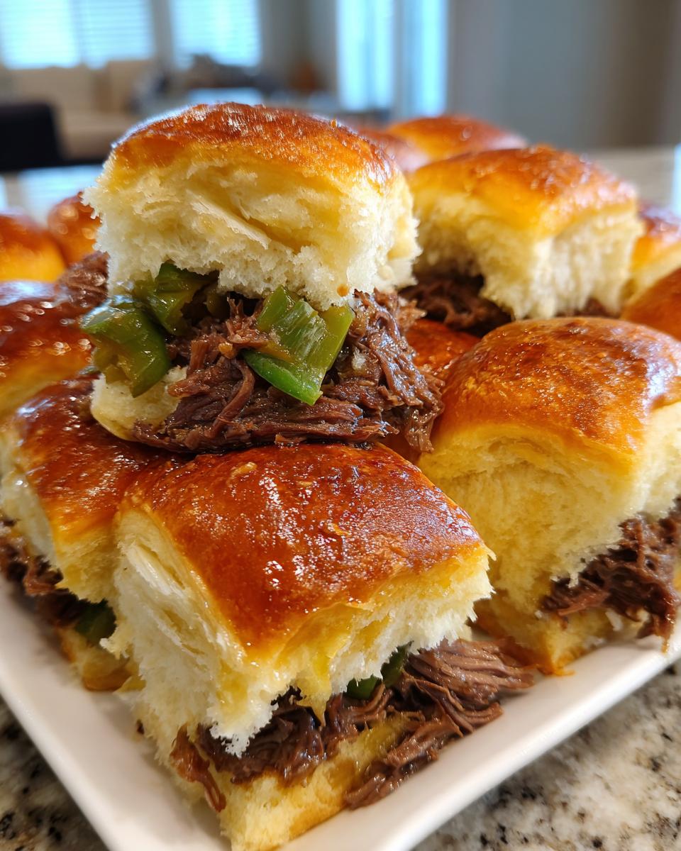 A platter of glossy, golden-topped mississippi pot roast sliders filled with shredded beef and green peppers.