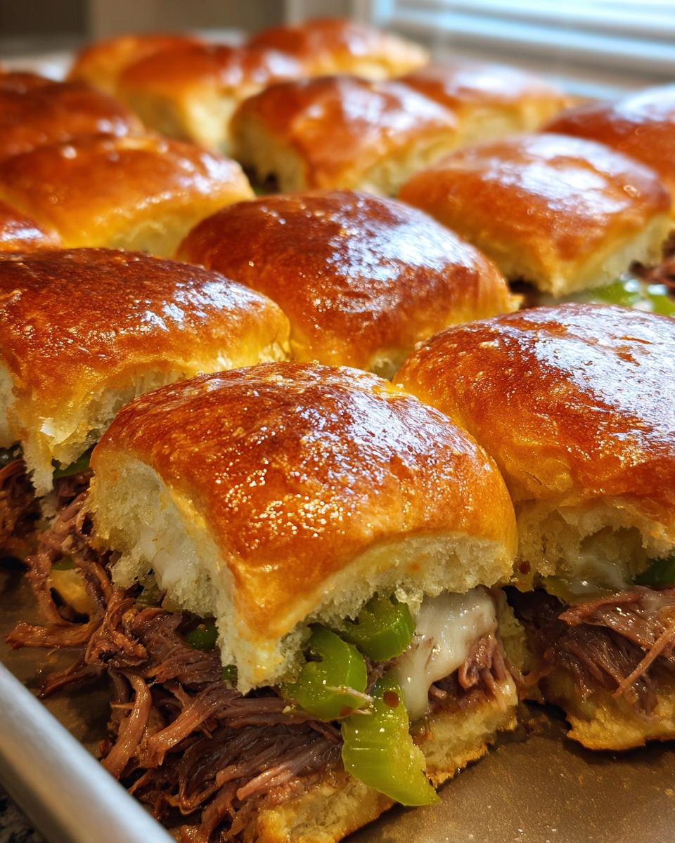 Close-up of baked mississippi pot roast sliders with melted cheese and green peppers on golden brown buns.