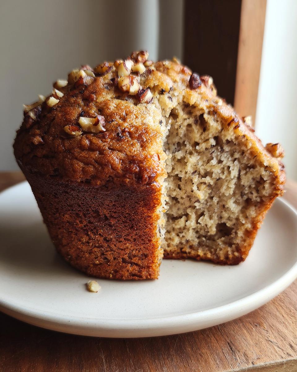 Close-up of a moist banana nut muffin cut open, showing the crumb texture and topped with chopped nuts.