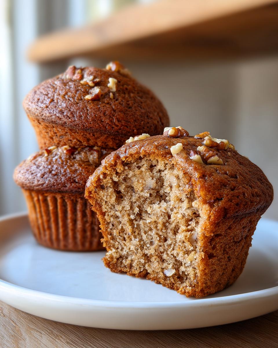 Close-up of moist banana nut muffins, one cut in half showing the crumb texture and nuts.