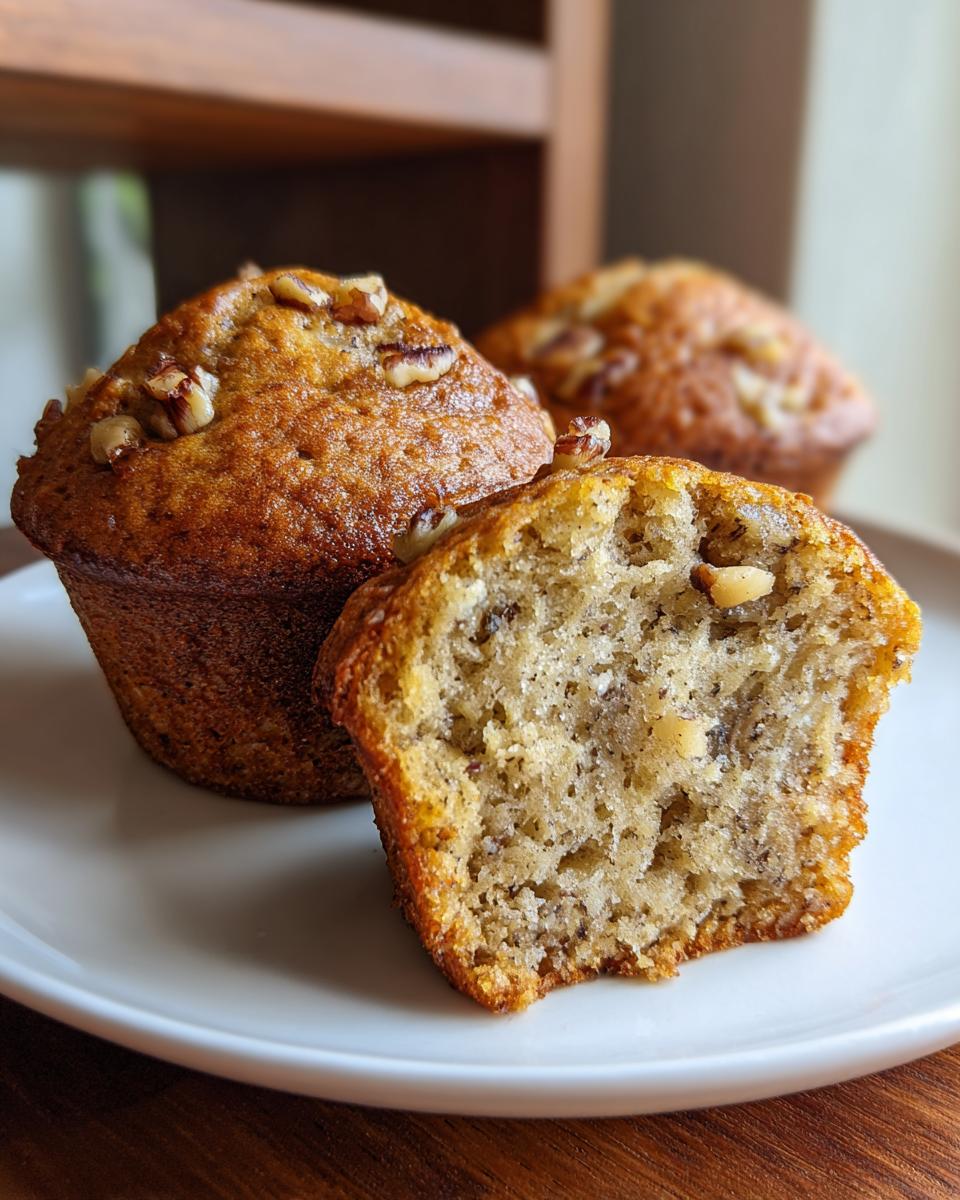 Close-up of a moist banana nut muffins, one halved to show the soft crumb and pecans inside.