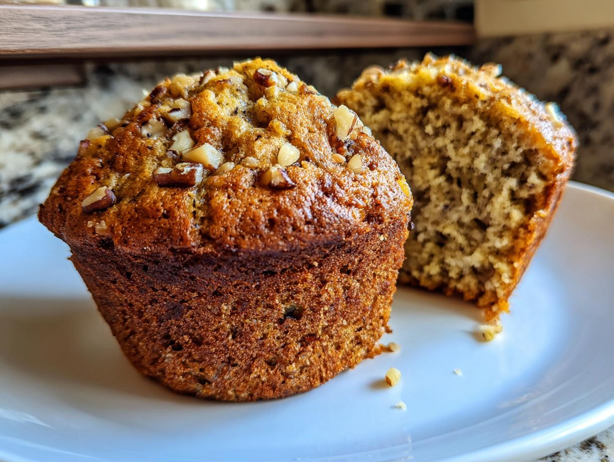 Two moist banana nut muffins on a white plate, one cut in half showing the crumb texture.