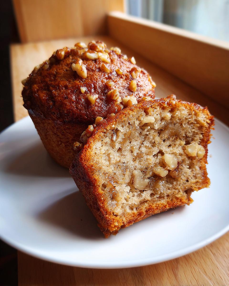 Close-up of a whole and a halved banana nut muffins showing the moist crumb and walnuts.