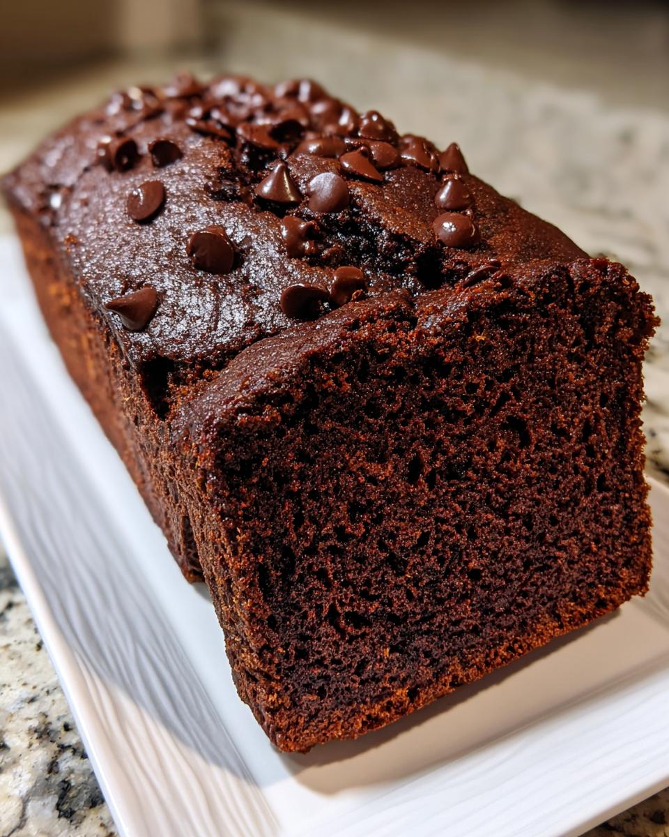 A close-up of a rich, dark chocolate banana bread loaf topped with melted chocolate chips, showing a moist crumb.