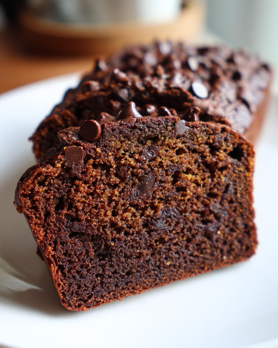 Close-up of a moist, dark slice of chocolate banana bread studded with melted chocolate chips.