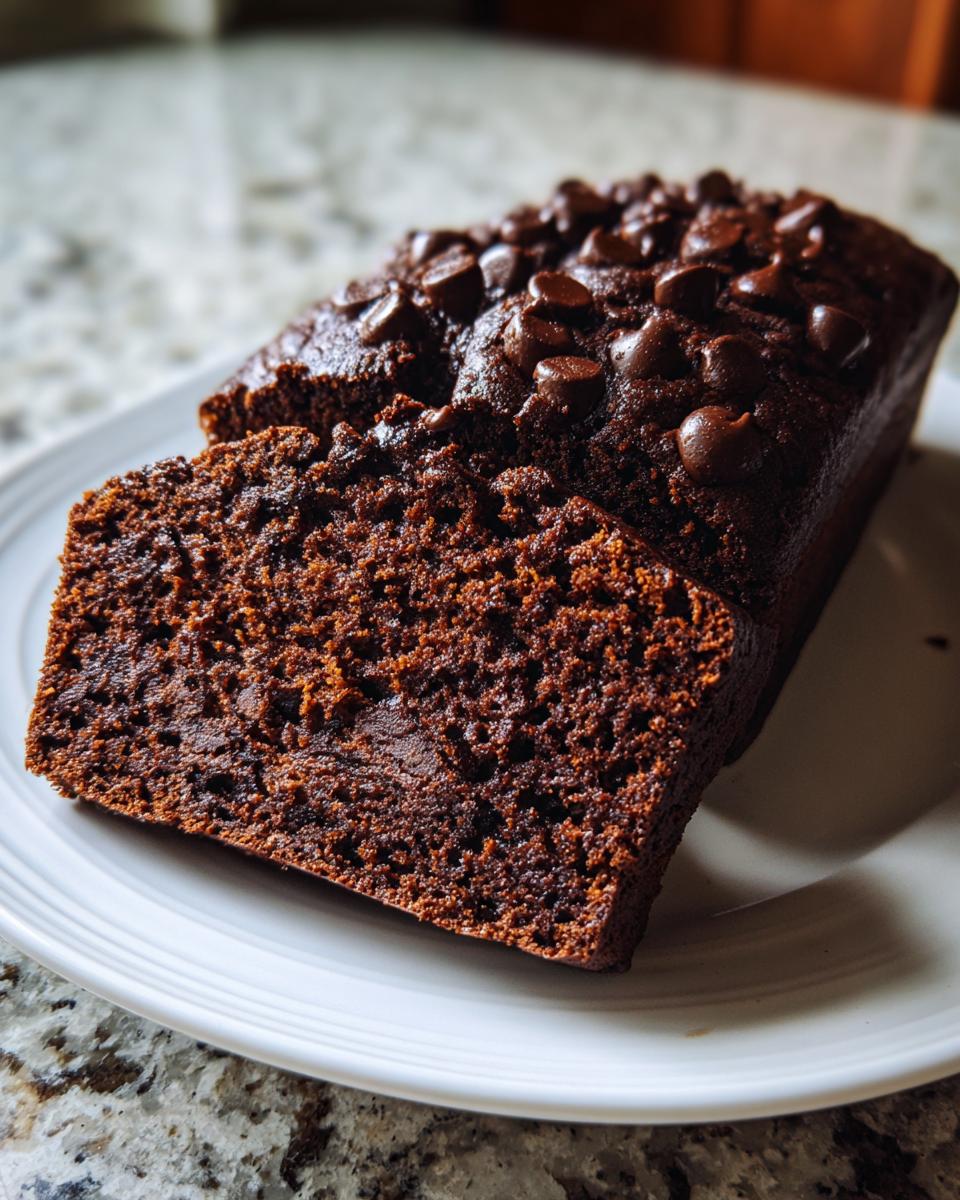 A slice cut from a rich, dark chocolate banana bread topped with melted chocolate chips.