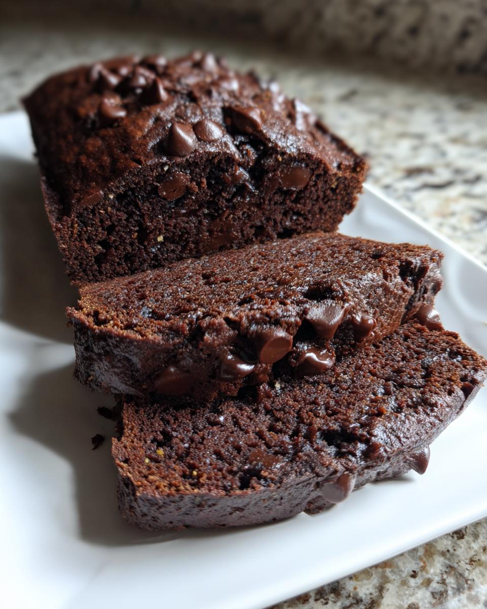 Close-up of rich, dark chocolate banana bread, sliced and topped with melted chocolate chips.