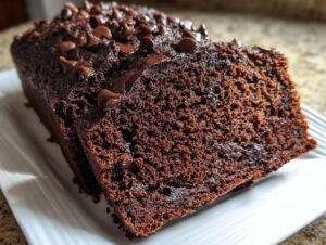 Close-up of two moist slices of rich chocolate banana bread topped with melted chocolate chips.