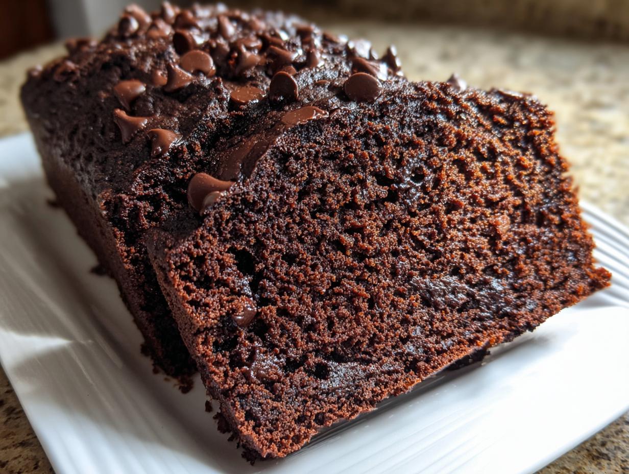 Close-up of two moist slices of rich chocolate banana bread topped with melted chocolate chips.