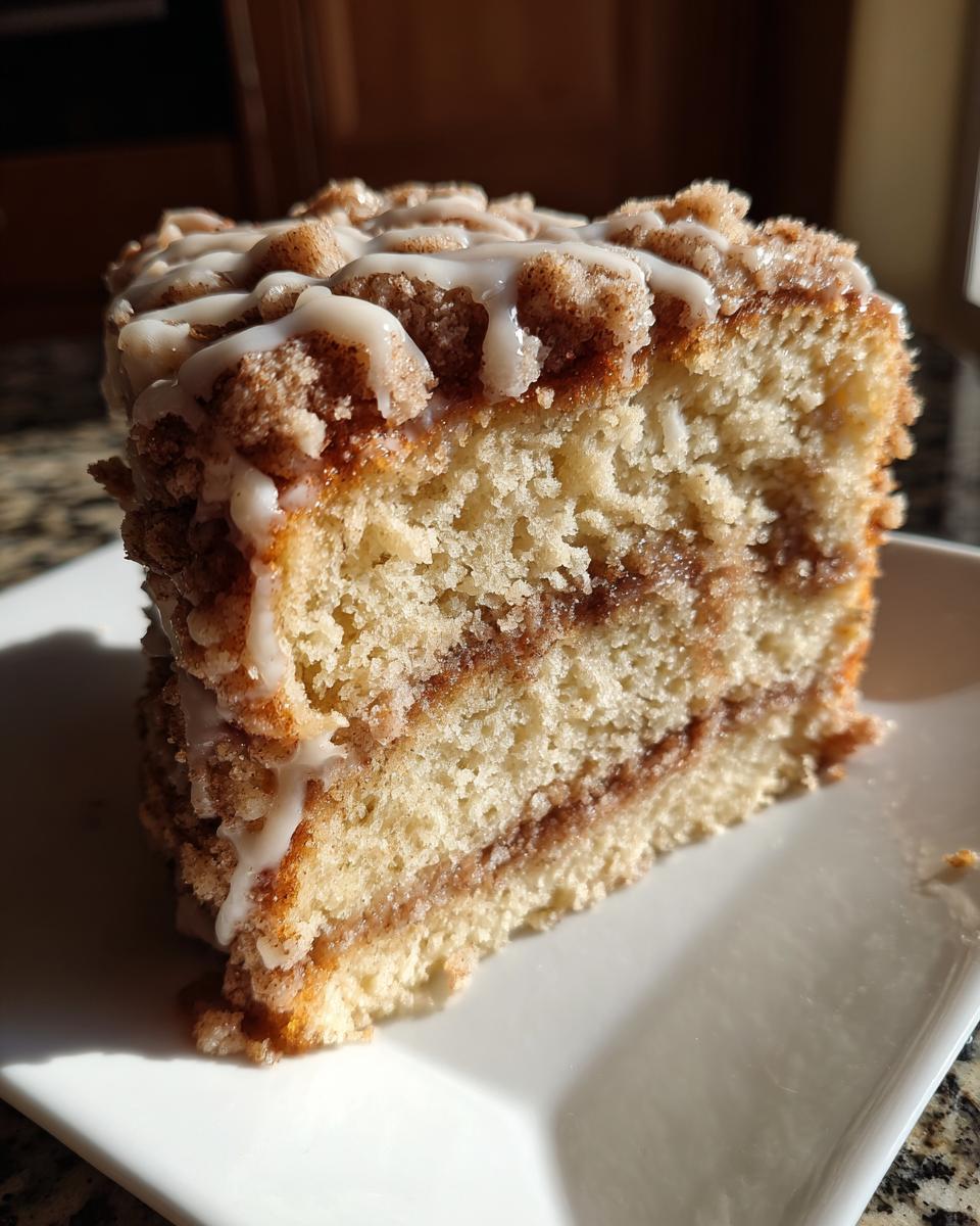Close-up of a moist slice of coffee cake featuring a cinnamon swirl layer and a sweet vanilla glaze.