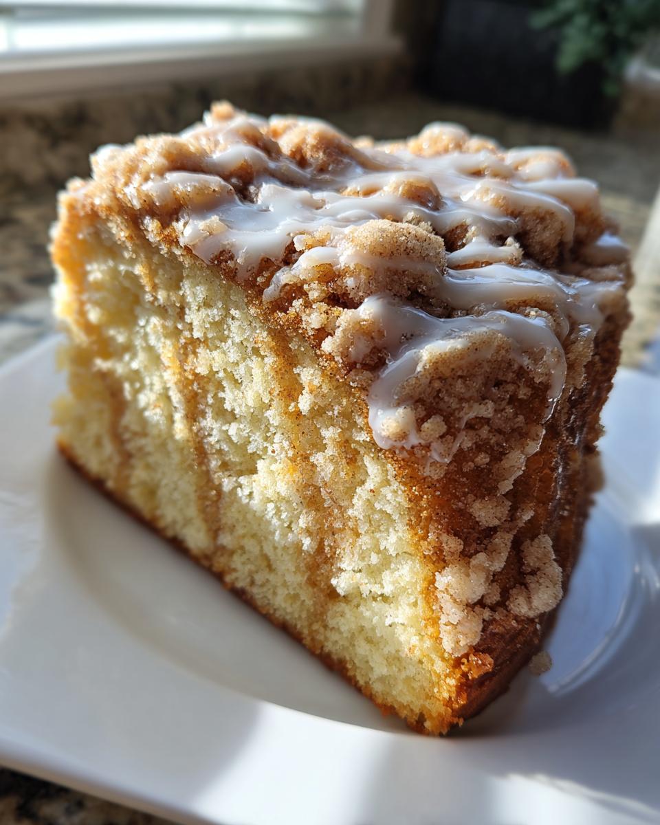 Close-up of a moist slice of coffee cake featuring a thick cinnamon crumb topping and white glaze drizzle.