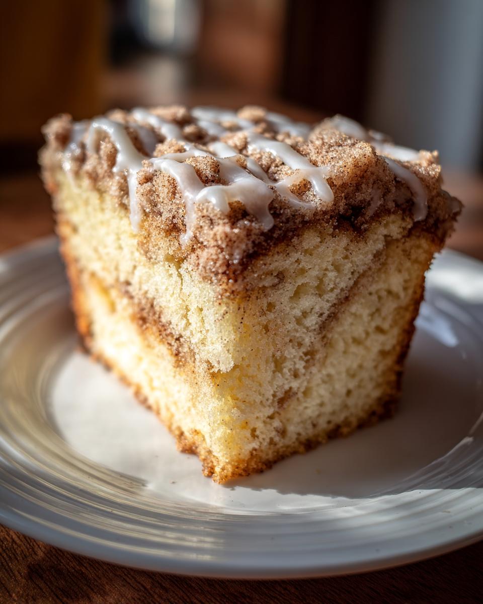 A close-up of a moist slice of coffee cake featuring a cinnamon streusel topping and white vanilla glaze drizzle.