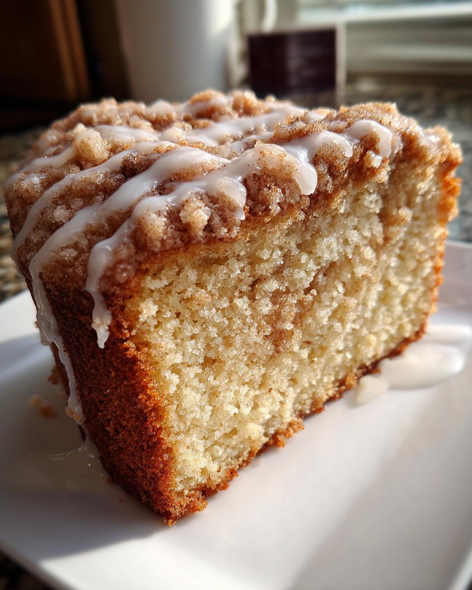 Close-up of a moist slice of homemade coffee cake featuring a thick cinnamon crumb topping and vanilla glaze.