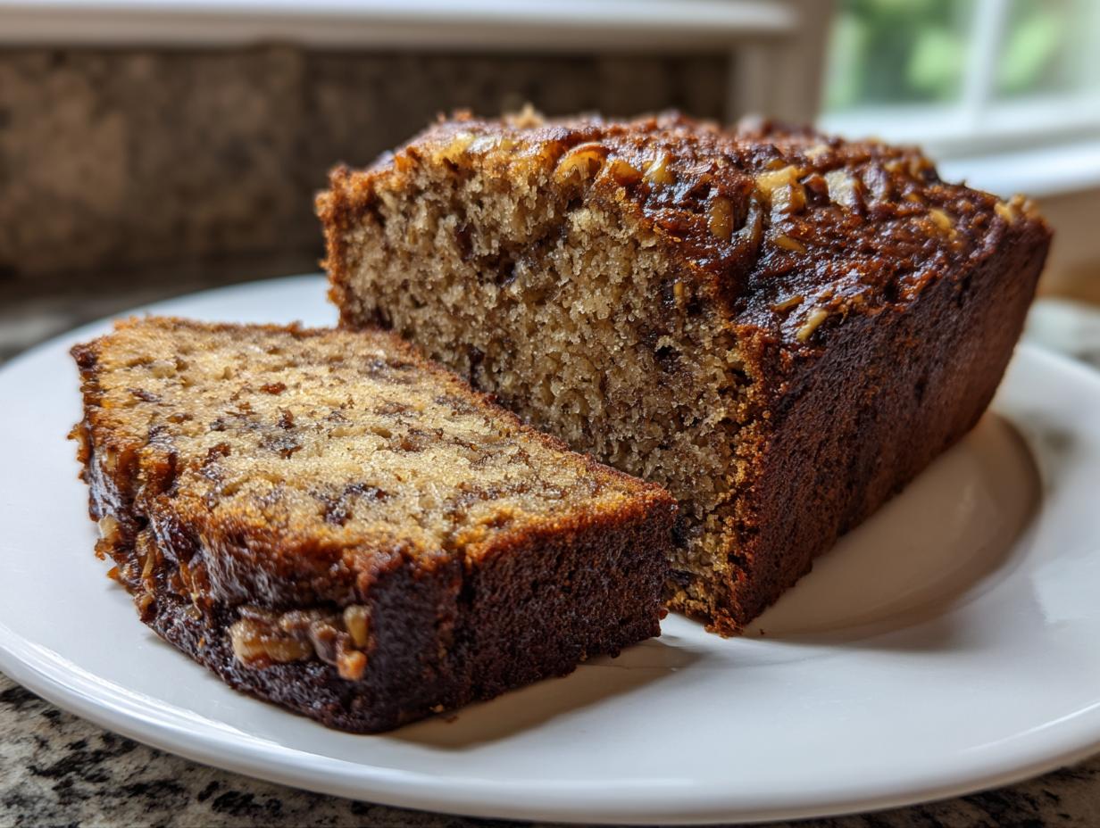 A close-up of a moist date nut bread loaf with one slice cut and resting beside it on a white plate.