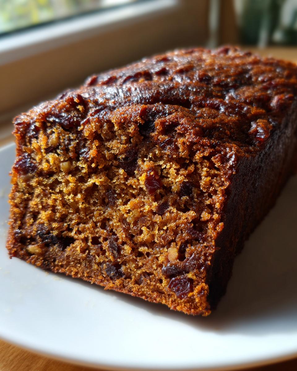 Close-up of a moist slice of dark, rich date nut bread showing visible pieces of dates and nuts.