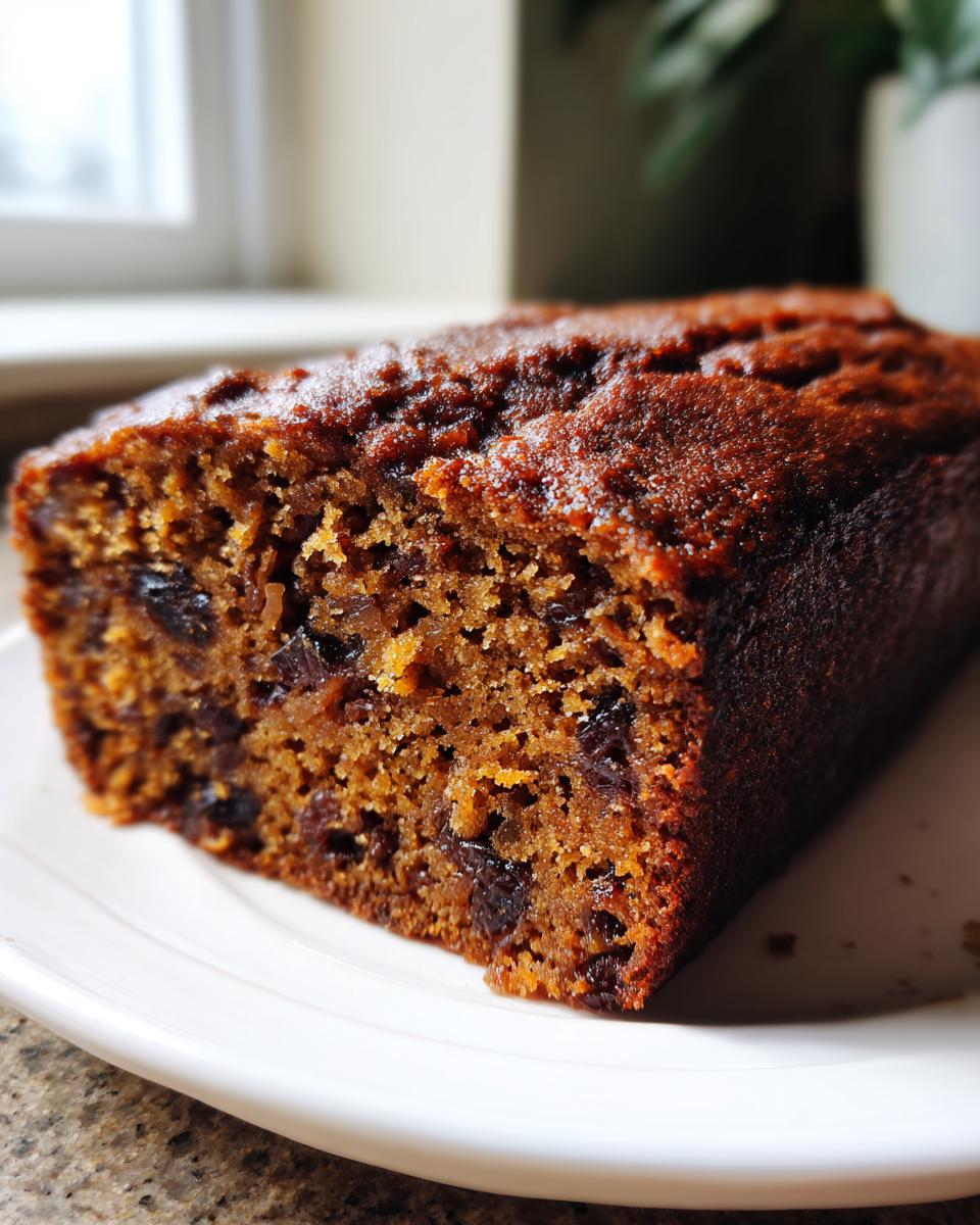 Close-up of a moist slice of dark, rich date nut bread on a white plate.