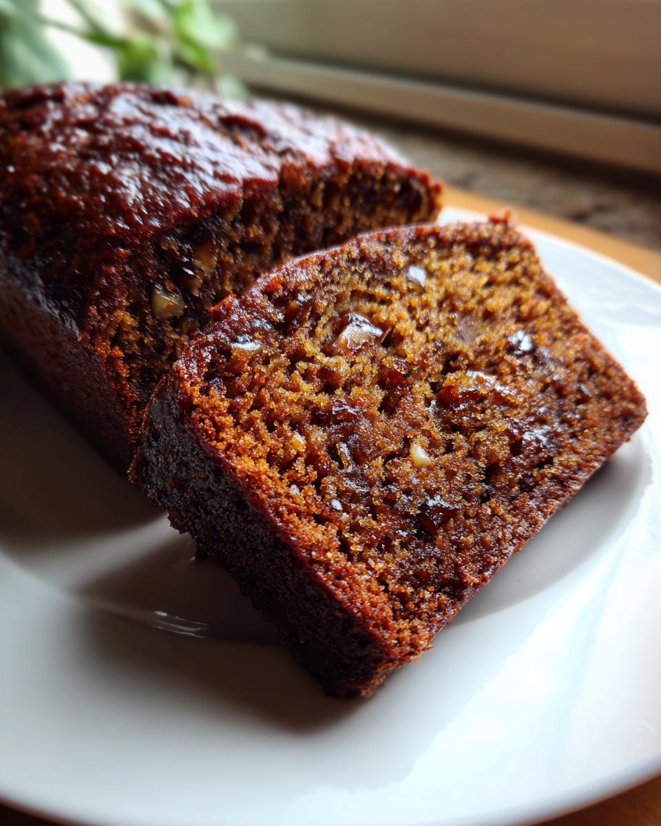 Close-up of a moist, dark brown slice of date nut bread showing visible nuts and a glossy top.