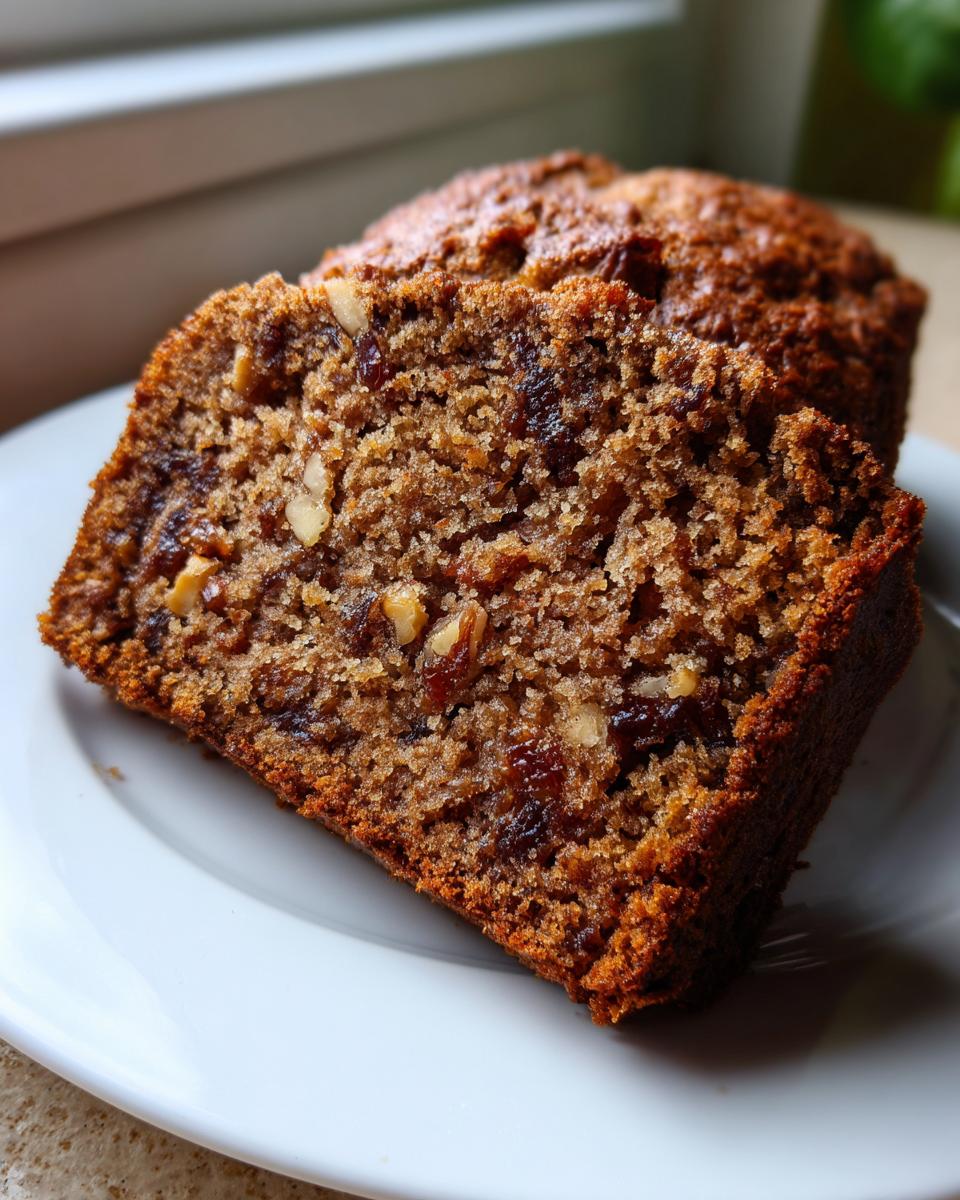 Close-up of a moist slice of date nut bread, showing visible dates and walnuts baked inside.
