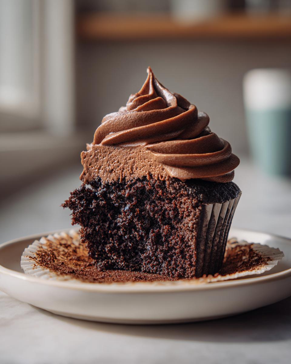 A close-up of an easy chocolate cupcakes with a bite taken out, showing rich, dark cake and thick chocolate frosting.
