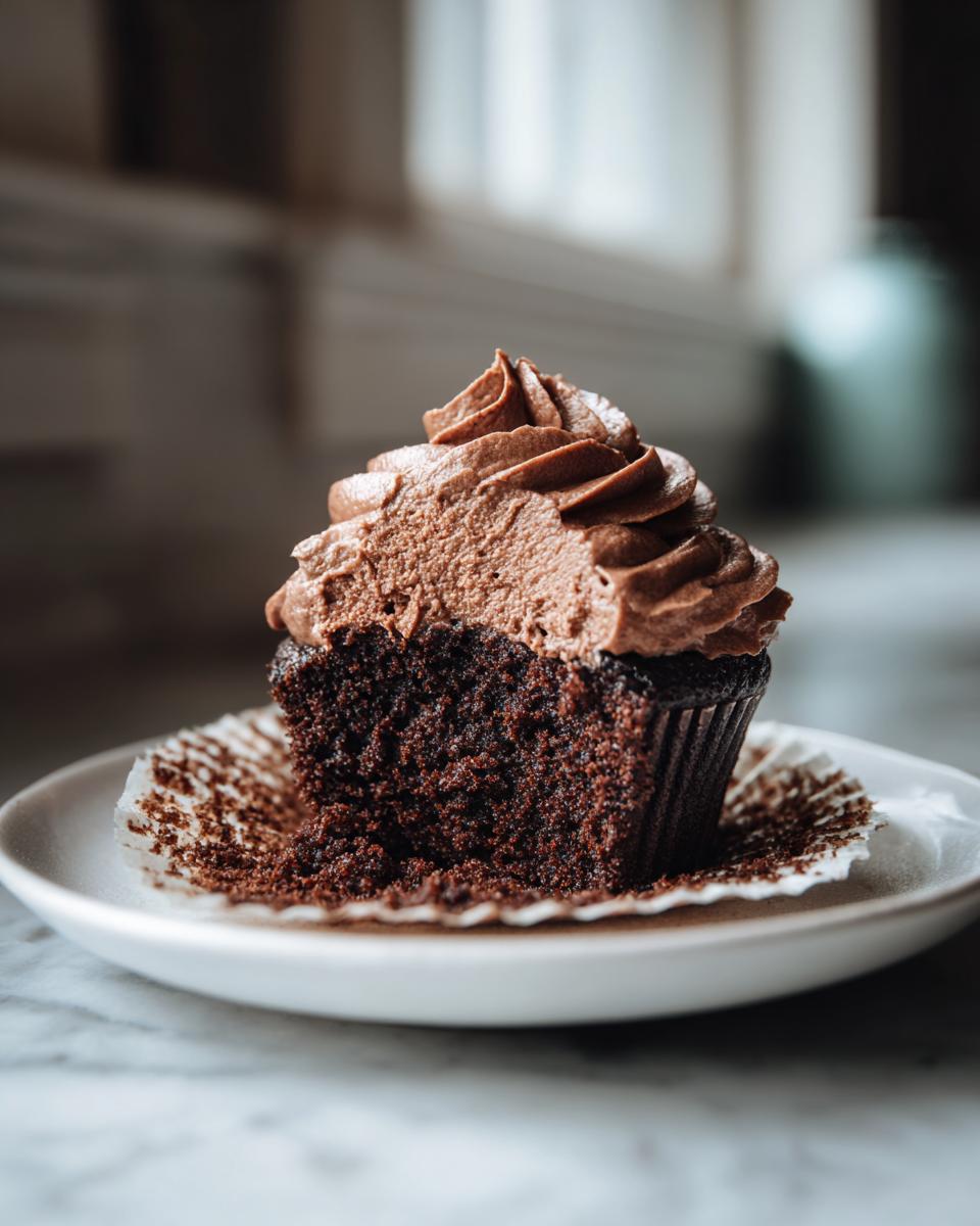Close-up of an easy chocolate cupcakes, cut in half to show the moist interior and rich chocolate frosting.