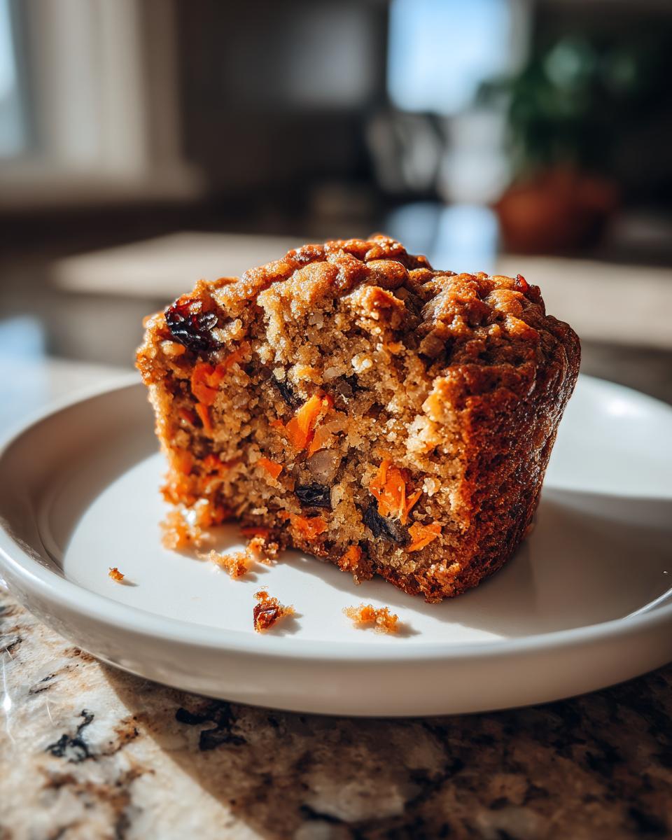 Close-up of a moist morning glory muffin, showing visible shredded carrots, nuts, and raisins inside, resting on a white plate.