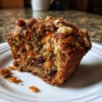 Close-up of a moist morning glory muffin cut in half, showing carrots, raisins, and walnuts.