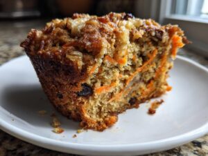 Close-up of a moist morning glory muffin cut in half, showing shredded carrots, nuts, and raisins inside.