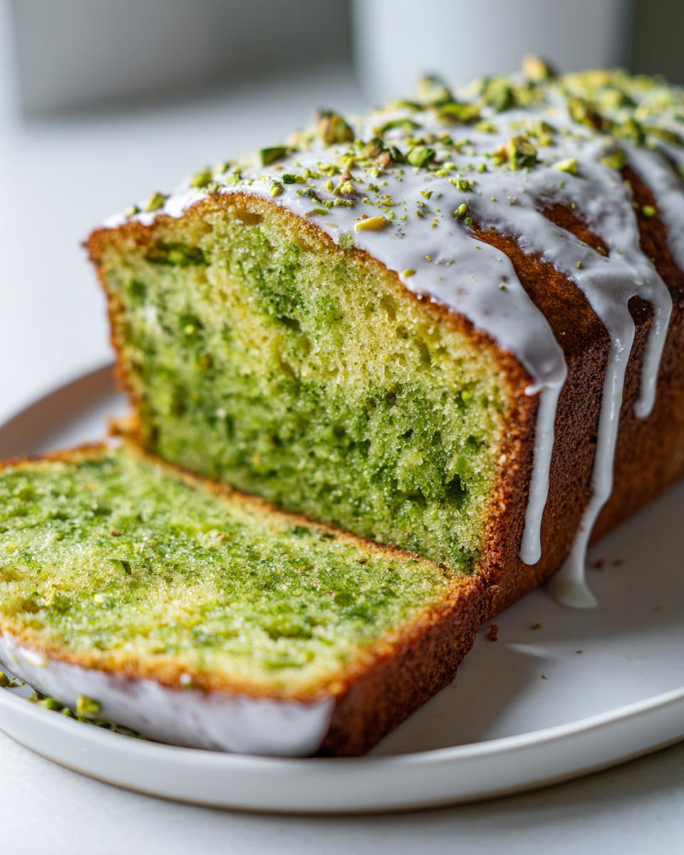 A close-up of a sliced pistachio bread loaf topped with white glaze icing and chopped pistachios.
