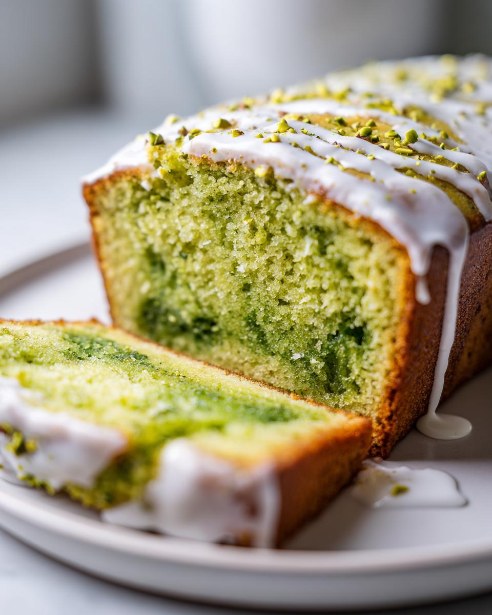 Close-up of a sliced, moist pistachio bread loaf drizzled with white icing and topped with chopped pistachios.