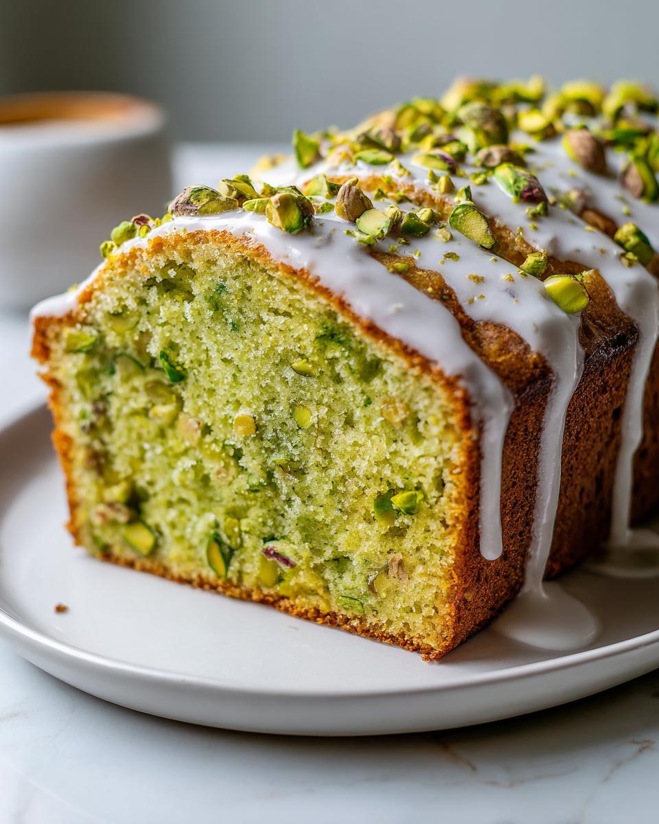 Close-up of a slice of moist pistachio bread, topped with white glaze and chopped pistachios.