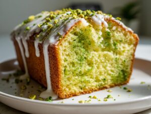 A moist slice of pistachio bread with a bright green crumb, topped with white glaze and chopped pistachios.
