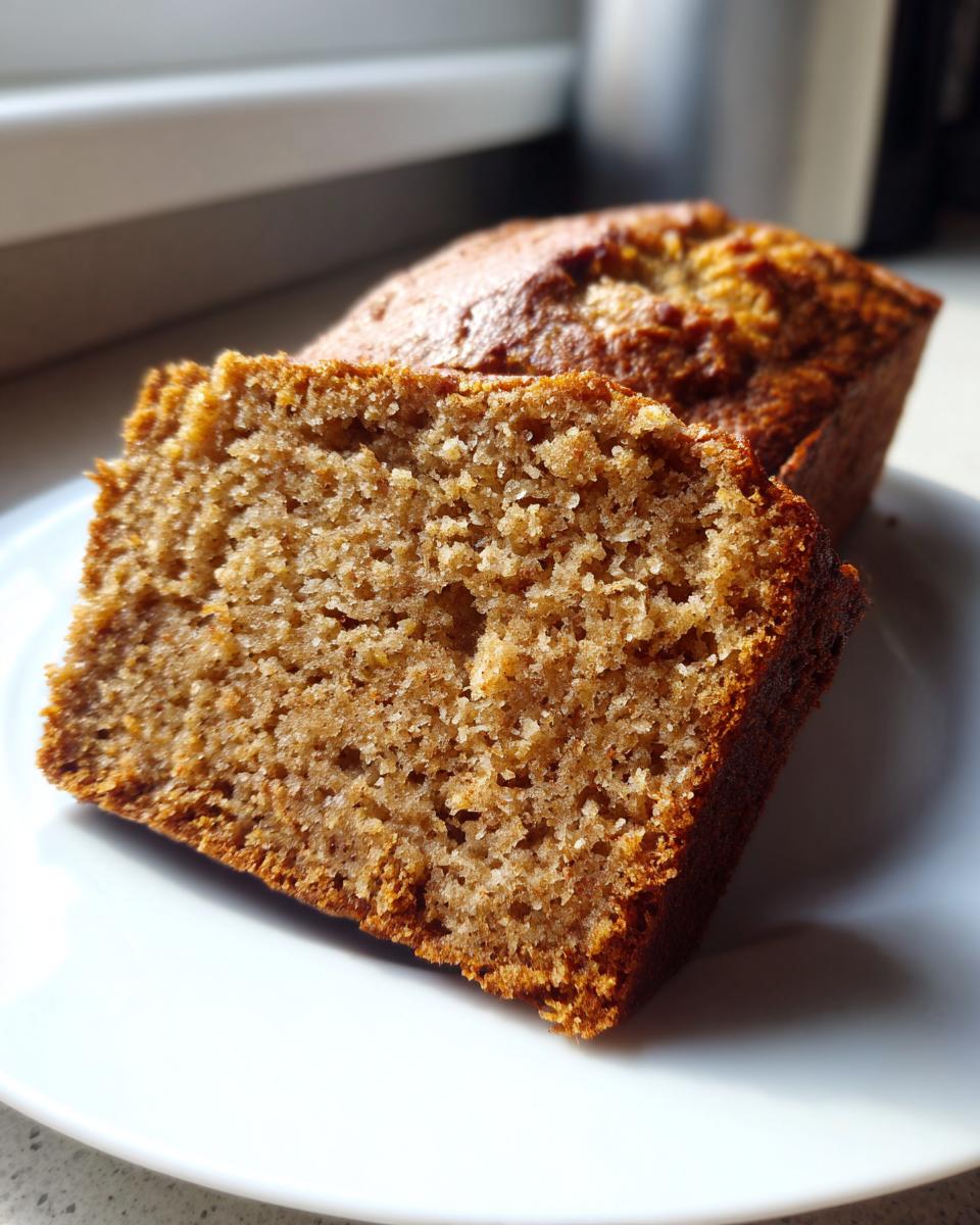 A close-up view showing the moist, dense crumb texture of a slice of Protein banana bread on a white plate.
