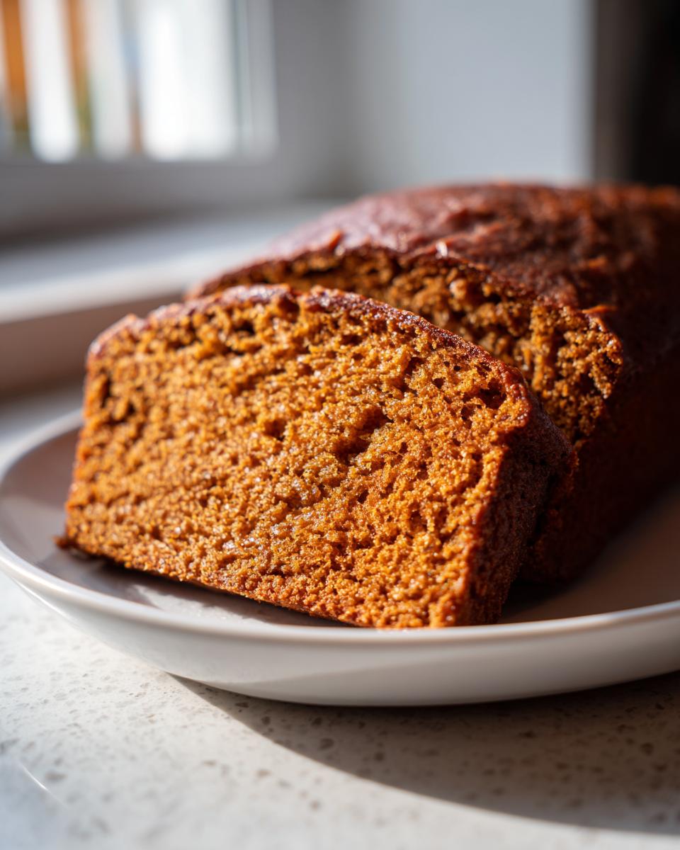 Close-up of a moist, dark brown slice of Protein banana bread on a white plate.