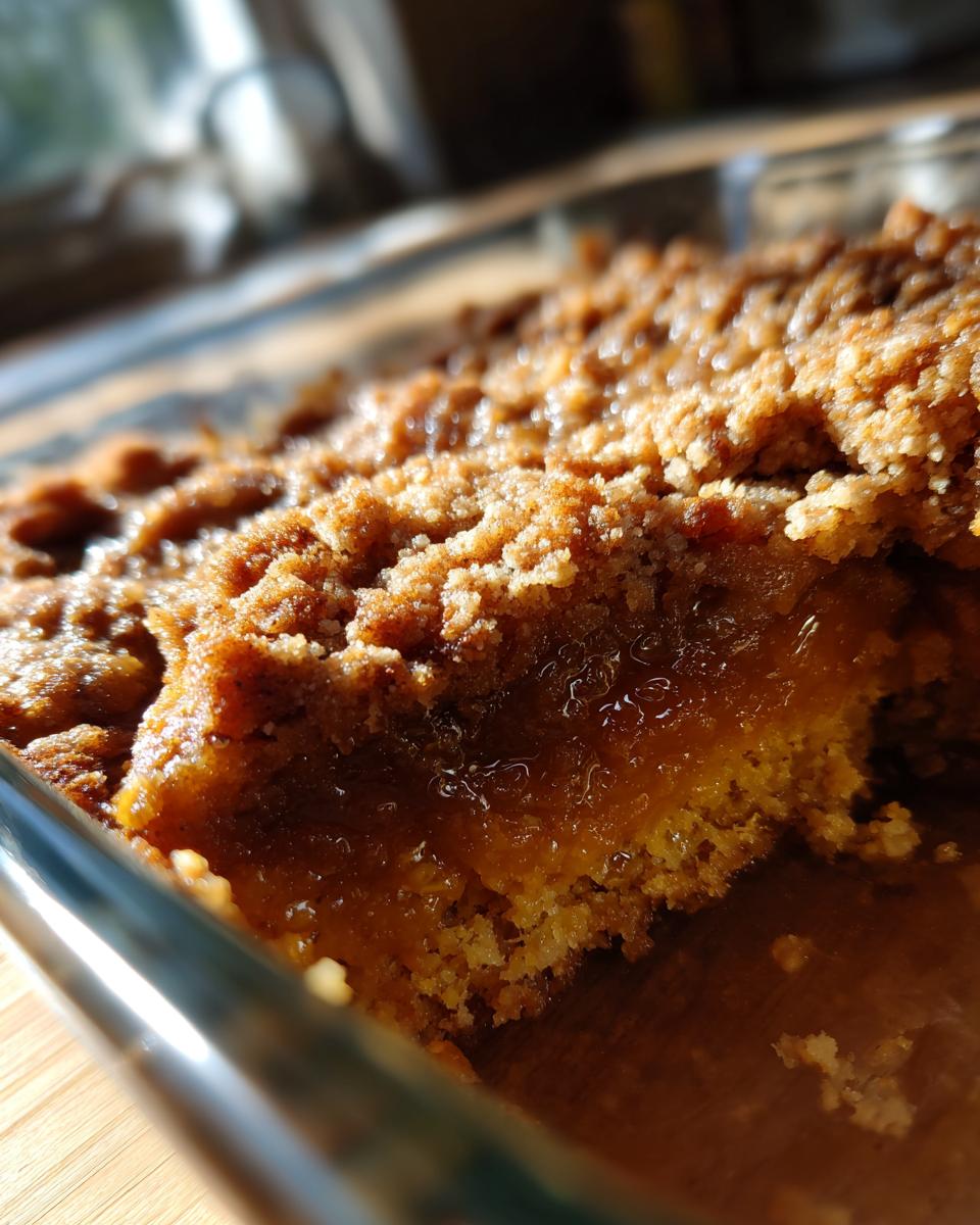 Close-up of a portion of pumpkin pecan cobbler showing the moist filling and crunchy brown sugar crumble topping.