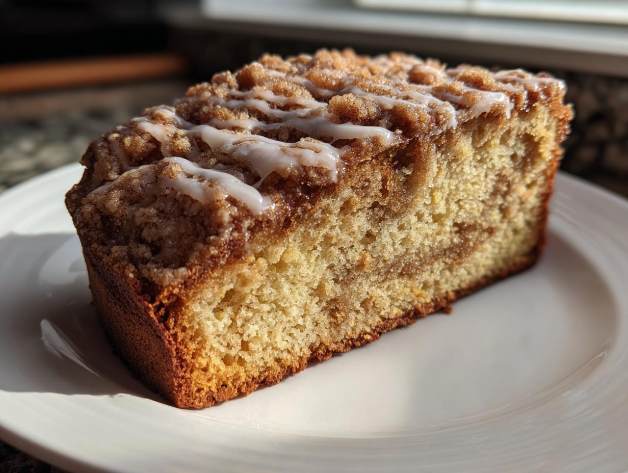 A close-up, sunlit slice of moist coffee cake featuring a thick cinnamon swirl and crumb topping drizzled with white icing.