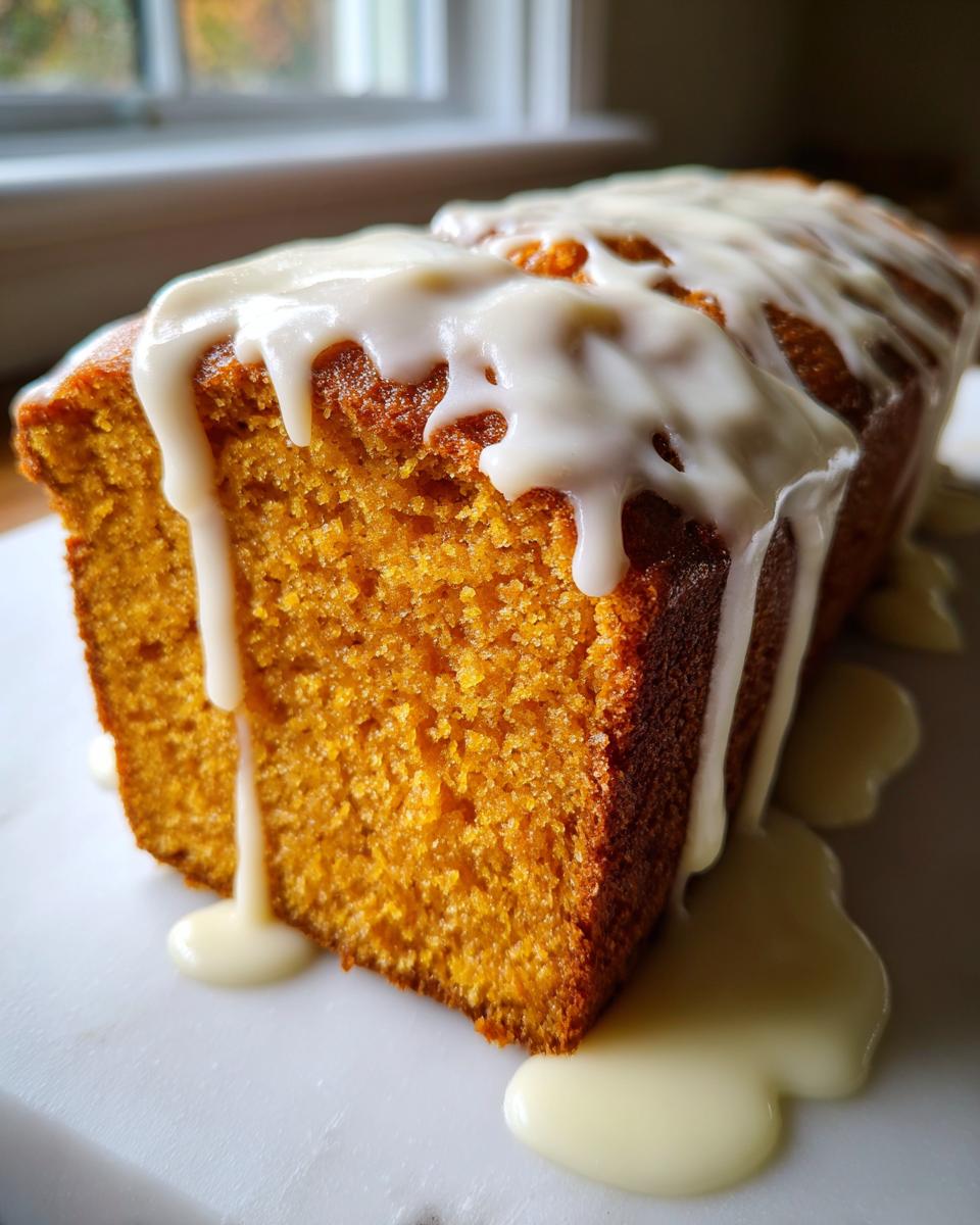 Close-up of a slice of ultra-moist sweet potato pound cake topped with thick, dripping white glaze.