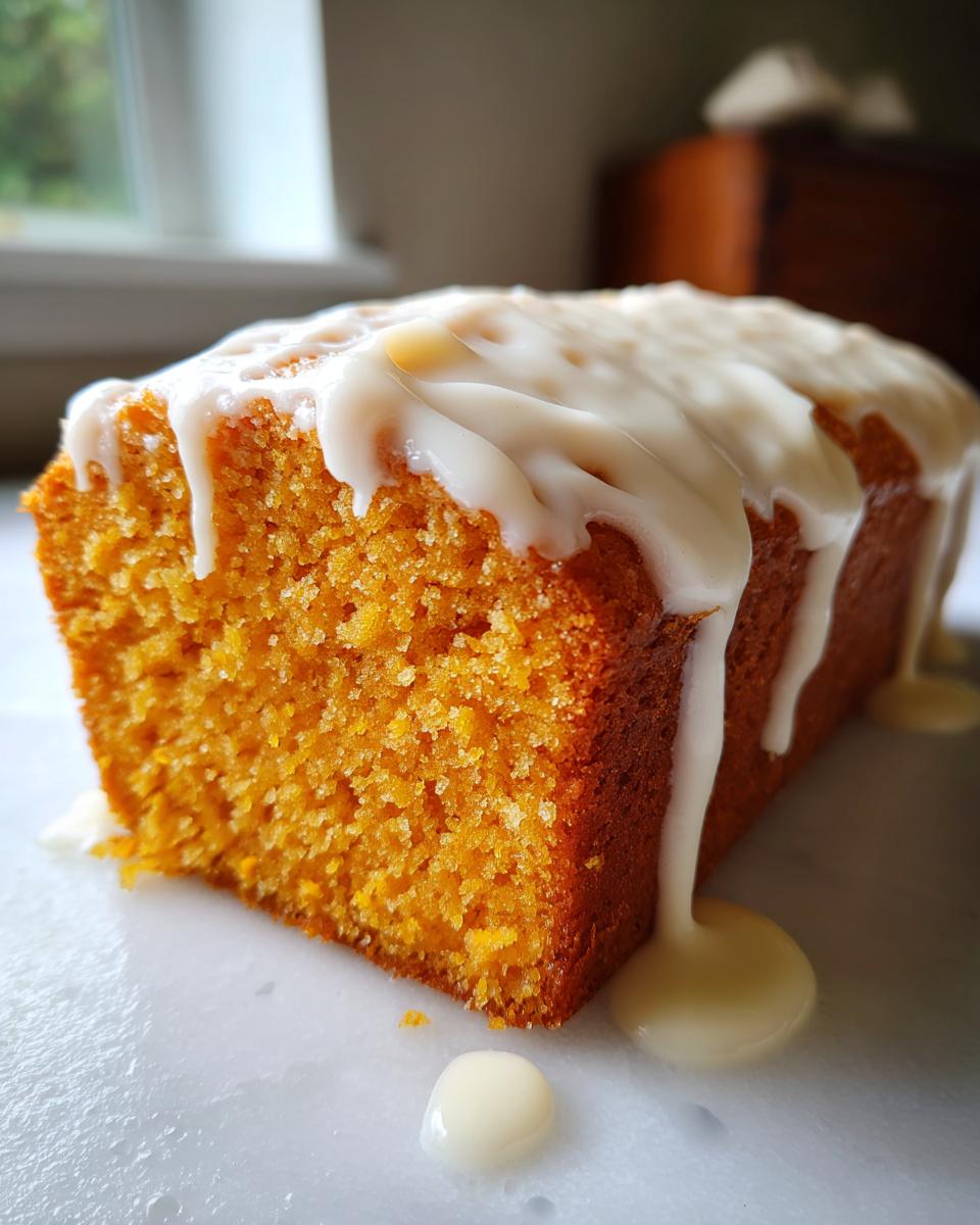 Close-up of a slice of bright orange sweet potato pound cake topped with thick, dripping white glaze.