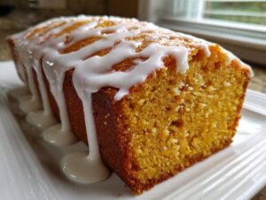 A close-up of a golden brown sweet potato pound cake drizzled heavily with white vanilla glaze.