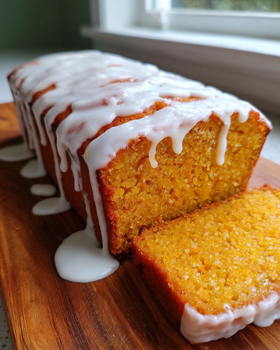 A loaf of bright orange sweet potato pound cake, partially sliced, topped with dripping white vanilla glaze.
