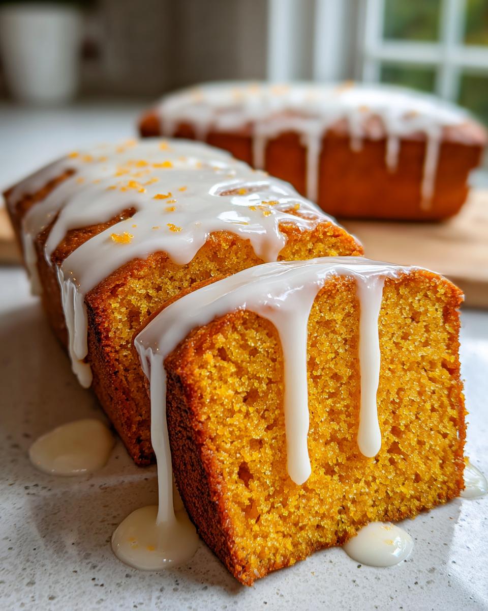 Close-up of moist sweet potato pound cake slices topped with thick white glaze and orange zest.