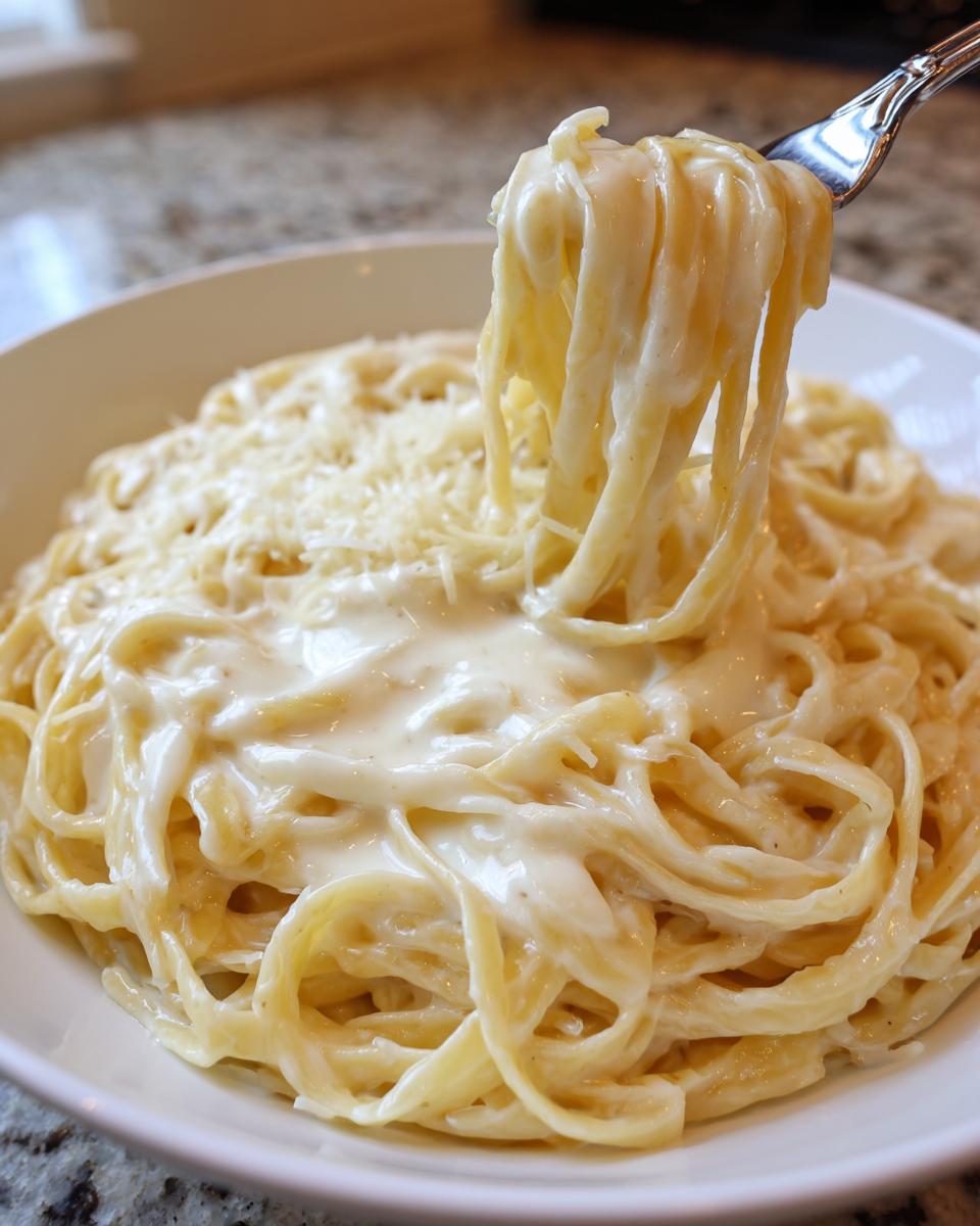 A fork lifts creamy fettuccine coated in rich Olive Garden Alfredo Sauce from a white bowl.