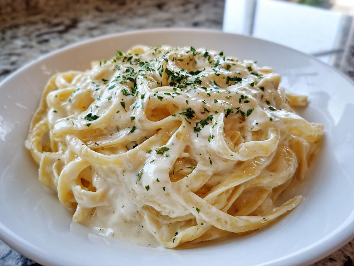 A close-up of fettuccine pasta generously coated in creamy Olive Garden Alfredo Sauce and topped with fresh parsley.