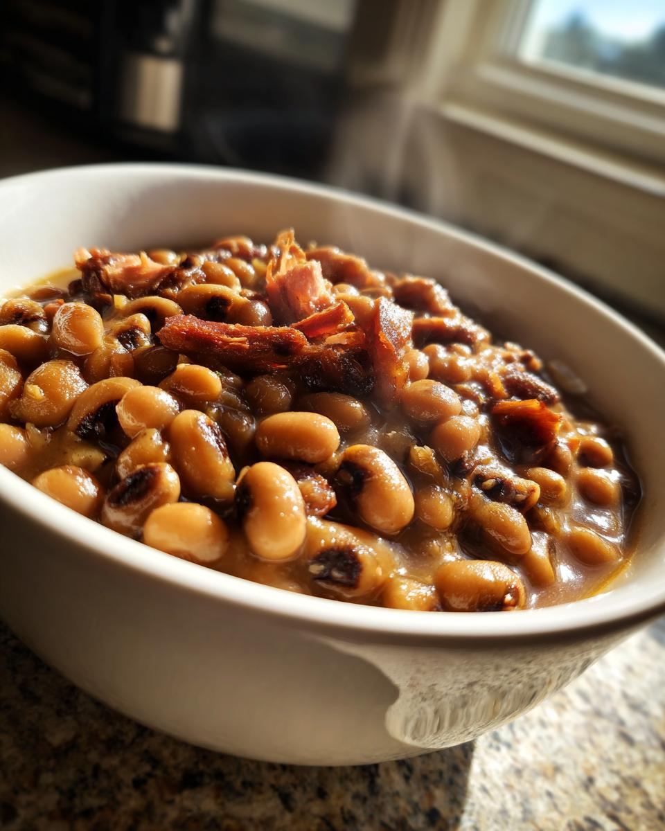 Close-up of a white bowl filled with rich, savory black eyed peas topped with pieces of smoked ham.