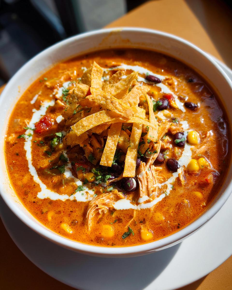 Close-up of a hearty bowl of chicken tortilla soup, topped with crispy tortilla strips, black beans, and a swirl of cream.