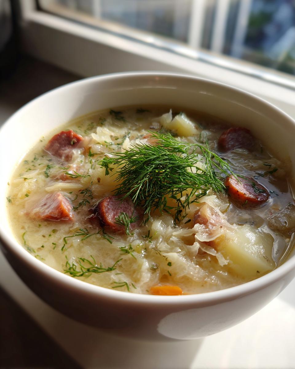 A close-up of a white bowl filled with creamy sauerkraut soup, featuring chunks of sausage, potatoes, and topped with fresh dill.