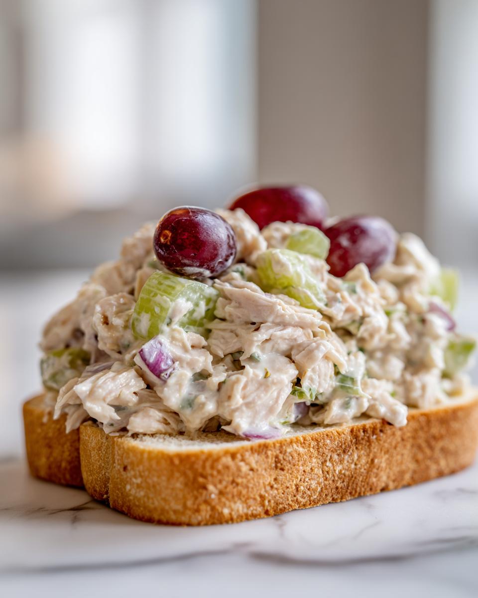 Close-up of an open-faced chicken salad sandwich piled high with creamy chicken salad, celery, and topped with red grapes.