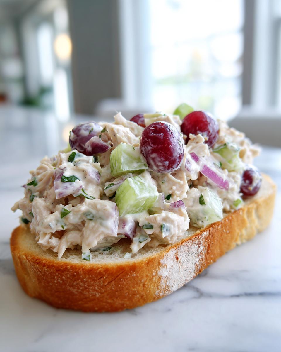 Close-up of a generous scoop of creamy chicken salad sandwich topping featuring red grapes and celery on a slice of toasted bread.