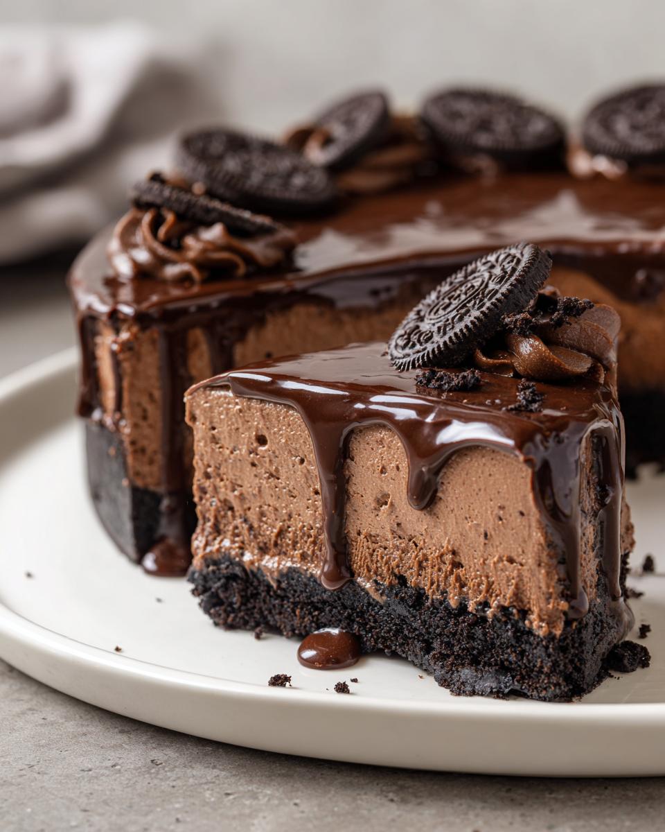 A decadent slice of chocolate mousse pie with an Oreo crust, topped with rich chocolate ganache and an Oreo cookie.